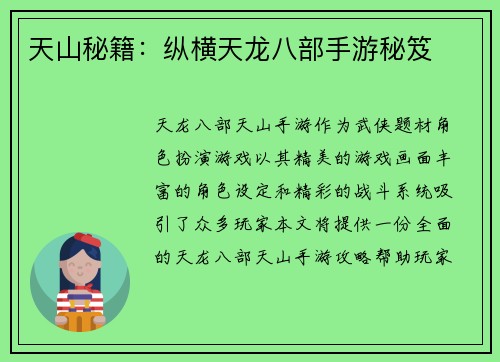 天山秘籍：纵横天龙八部手游秘笈