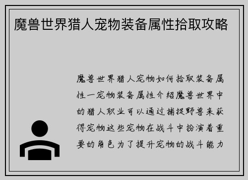 魔兽世界猎人宠物装备属性拾取攻略